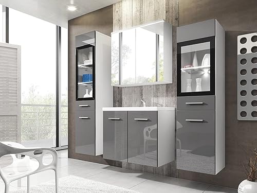 Udine II Ensemble de meubles de salle de bain avec lavabo et siphon, salle de bain moderne, armoire à miroir, lavabo, meuble haut (avec éclairage LED blanc, gris brillant) - Nail Gallerys