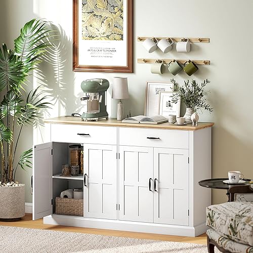 HOMCOM Buffet avec Port USB et multiprise, Meuble de Rangement avec 2 placards à Portes de Grange, 2 tiroirs et étagères réglables, Buffet Salle à Manger et Salon, 140 x 40 x 91,5 cm, Blanc - Nail Gallerys