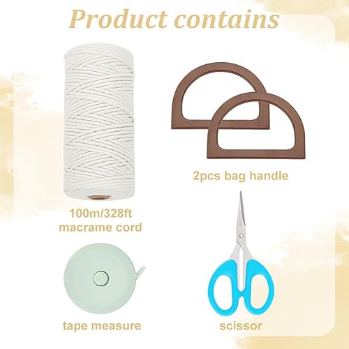 WEBEEDY Kit de Sac en Macramé Kit de Fabrication de Sac à Main en Macramé avec Franges et Pompons Sac Fourre-Tout Bohème en Macramé avec Poignée en Bois Décoration de Plage de Vacances - Nail Gallerys