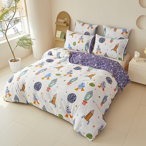YASMENG Housse de Couette 140x200 Enfant Motif Fusée Planète Parure de Lit Enfant 100% Coton Réversible Linge de Lit Cartoon pour Enfants Garçons avec Fermeture Éclair avec Taie d'oreiller 65x65 cm - Nail Gallerys