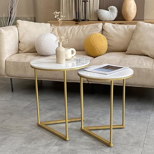 FATIVO Table Gigogne de Salon: Lot de 2 Table d’Appoint Ronde Blanche Moderne Marbre Bout de Canapé de Salon Métal Design Or pour Salon Bureau Chambre - φ45x55cm+φ40x51cm - Nail Gallerys
