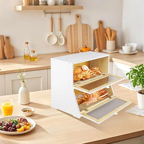 HUOLE Boîte à Pain Bambou 2- Couche Countertop Boîte en Bois pour Cuisine, Huche,pour le stockage du pain-40 x 33 x 25 cm - Bambou - Noir - Nail Gallerys