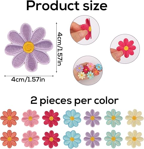 BOXOB 14pcs Patch Thermocollant Fleurs, Patch Brodé Fleurs Coudre Patchs Appliqués à Marguerites Pour Sacs Vêtements Vestes Jeans Sacs à Dos Chapeaux Loisirs Créatifs, 7 Couleurs - Nail Gallerys