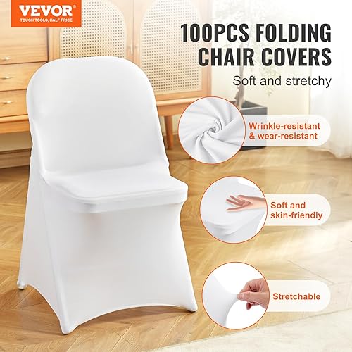 VEVOR Housses de Chaise Pliantes en élasthanne Extensible, 100 pcs, Housses de Protection Universelle, Amovibles et lavables, pour Mariage, Vacances, Banquet, fête, célébration, Salle à Manger, Blanc - Nail Gallerys
