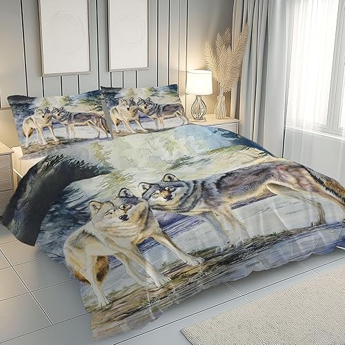 Housse de Couette 140x200 Motif Loup Aquarelle Douce et Respirante, Animaux Sauvages Forêt Jungle Parure de Lit avec Fermeture Éclair, 2 Taies d'oreiller 65x65cm - Nail Gallerys
