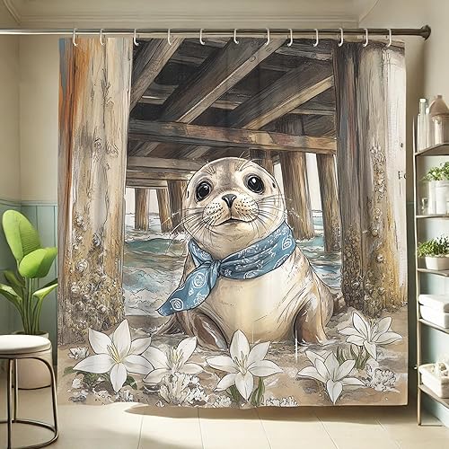 Adorable rideau de douche en tissu imperméable, motif phoque, animal marin, décoration de salle de bain, style plage nautique, avec crochets, 183 x 198 cm - Nail Gallerys