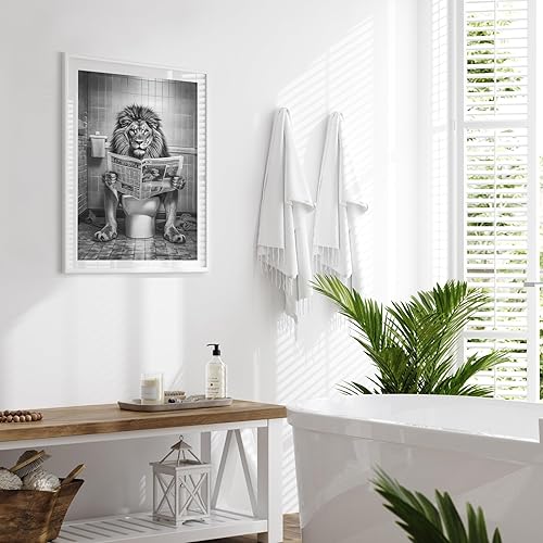 Décoration murale lion amusante – Décoration murale lion sur toilettes – Grand format 28 x 35,6 cm – Art mural de lion – Décoration murale de lion sur les toilettes – Portrait de tête de lion noir et - Nail Gallerys