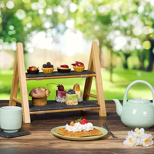 Relaxdays Plateau de Service 2 Niveaux, Plats en Ardoise, HLP 27x32x17 cm, présentoir Rustique Bambou, Naturel/Gris - Nail Gallerys