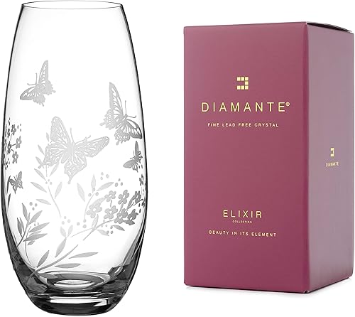 DIAMANTE Vase 'Papillon' - Vase tonneau gravé à la Main avec Motif Floral de Fleurs Sauvages Papillon - 25 cm Transparent - Nail Gallerys