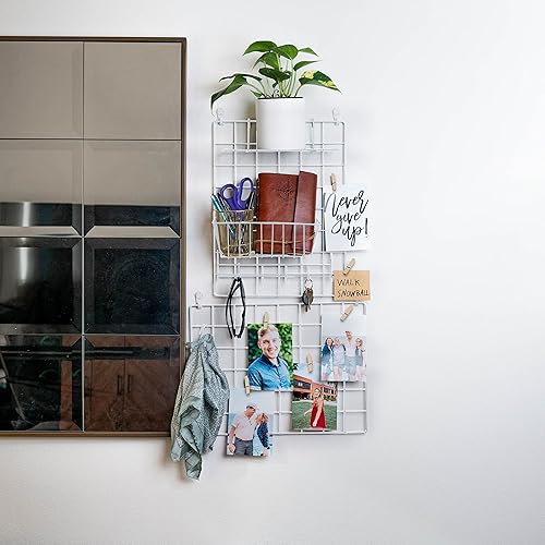 ODOXIA 4 Pack Grille Murale avec Accessoires | Contient Panier, Trieur, Etagère Et Crochets | Tableau | Grille Photo Mural | Décoration Suspendue pour Maison, Bureau,Cuisine | Métallique Et Blanc - Nail Gallerys