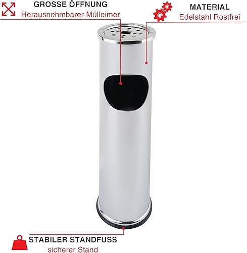 Grafner Cendrier sur pied 2 en 1 en acier inoxydable avec poubelle, 8 litres, Ø 15 x 56 cm, argenté, cendrier sur pied pour extérieur, intérieur - Nail Gallerys