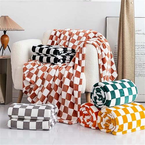 Highdi Couverture Polaire Plaid, Damier Jeté de Canapé Douillette Grande Taille Couverture Chaude et Douce Couverture d'hiver pour Chambre Canapé Lit (130 * 150CM,Orange) - Nail Gallerys
