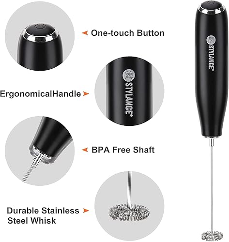 STYLANCE Mousseur à Lait électrique pour Café, Café au Lait, Cappuccino, Chocolat Chaud, Mini Fouet en Acier Inoxydable, Moteur Extra Fort et Alimenté par Batterie, Mélangeur (Noir) - Nail Gallerys