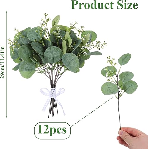 KALIONE Lot de 12 feuilles d'eucalyptus artificielles en forme de dollar argenté, tiges et branches artificielles avec graines blanches, 29 cm de long, plantes vertes décoratives pour bouquets - Nail Gallerys