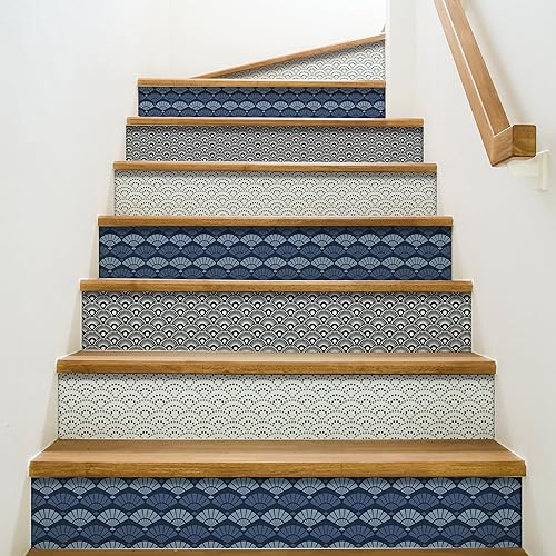 Lot 3 Contremarches Autocollantes Oscata 19,5x100cm, Éventails Géométriques Bleus et Blancs, Style Asiatique Décoratifs pour Murs et Sols - Nail Gallerys