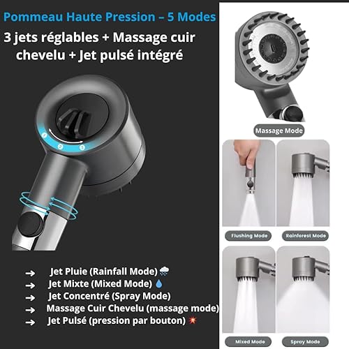 Pommeau de Douche Haute Pression 5 Modes – Économie d’Eau, Anti-Calcaire, Filtration Avancée – Bouton Stop, Support Réglable – Mode Massage – Salle de Bain Universelle - Nail Gallerys