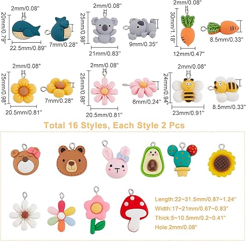 CHGCRAFT 32 Pcs 16 Style Mignon Résine Charms Dessin Animé Coloré Animal Pendentif Fruits Résine pour Collier Bracelet Boucle d'oreille Artisanat, 22x2x1.5mm - Nail Gallerys