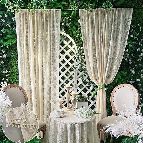 RunFar shop Lot de 2 rideaux bohème, beiges, vintage, rétro, français, crochet, transparents, en dentelle, pour salon, chambre à coucher, l 140 x H 150 cm - Nail Gallerys