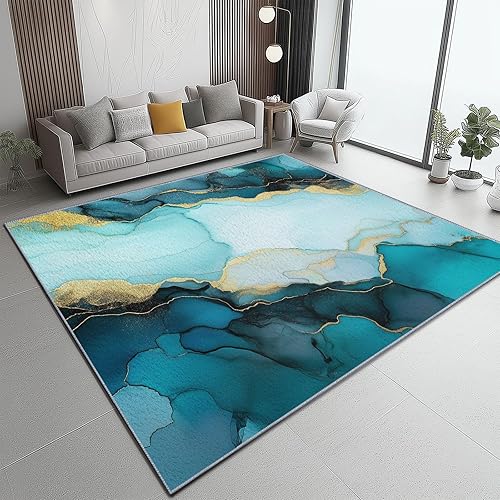 Tapis Salon Or Bleu Motif Marbre Ondulé Aquarelle Chambre de Décoration Tapis Poil Ras Lavable en Machine, Tapis Rectangulaire Antidérapant Salle a Manger Chambre Adulte 60 x 110 cm - Nail Gallerys