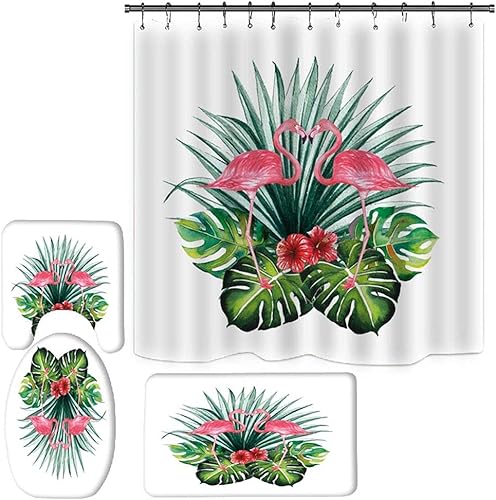 Lot de 4 rideaux de douche avec motifs d'animaux et absorbant tapis de bain, motif flamant rose et fleurs , décoration rideau de salle de bain avec tapis antidérapant, housse de WC + crochets - Nail Gallerys