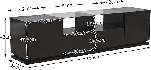 Merax Meuble TV très brillant avec étagères en verre, 2 tiroirs et 2 portes, éclairage LED en 16 couleurs, meuble TV avec beaucoup d'espace de rangement pour le salon, 165 x 38 x 43 cm, noir - Nail Gallerys