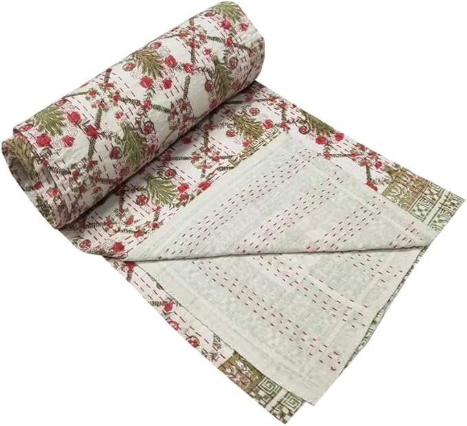YUVANCRAFTS Couvre-lit Kantha Kantha en coton avec impression indienne (vert et rouge, grand lit, 228,6 x 274,3 cm) - Nail Gallerys