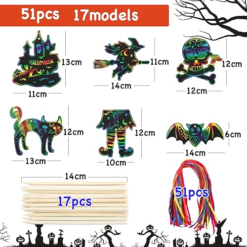 51PCS Dessins Gratter Halloween Scratch Art Artisanat Halloween Bricolage Chauve Souris Fantôme Citrouille Décoration Cadeau Étiquette Jeux Enfant Fête Halloween avec Rubans de Soie et Bâtonnets - Nail Gallerys
