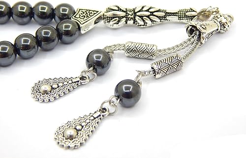 Collier de prière noire Tesbih Tasbih Tespih Misbaha Subha 33 - Chapelet musulman islamique - Accessoire de culte - Perles en hématite - Perles en pierre précieuse - Boule de 8 mm, M, Pierre précieuse - Nail Gallerys