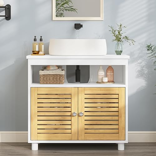 FORABAMB Meuble sous Lavabo Salle de Bain, Armoire de Rangement sous Vasque avec 2 Portes en Bambou et Un Compartiment Ouvert, Meuble Dessous Évier pour Salle de Bain, 60 × 30 × 60 CM - Nail Gallerys