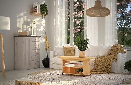 Hela Tische, Table Basse Fonctionnelle Babsi, en matériau dérivé du Bois avec revêtement en mélamine, hêtre, réglable en Hauteur de 53 à 63 cm, Extensible de 107 à 157 cm, sur roulettes - Nail Gallerys