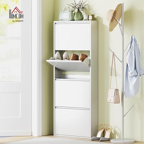 HOMCOM Armoire à chaussures en métal avec 4 rabats - Meuble à chaussures étroit - Étagère à chaussures - Montage mural - Pour 8 paires de chaussures - 55 x 15 x 139,5 cm - Blanc - Nail Gallerys