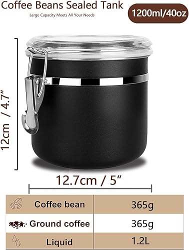 Walktosun Boîte à Café Hermétique, Conservation en Acier Inoxydable pour Grains de Café avec Couvercle Transparent Bocal Récipient Rangement Cuisine Alimentaires Stockage Thé (Lot de 2-1.2L - Noir) - Nail Gallerys
