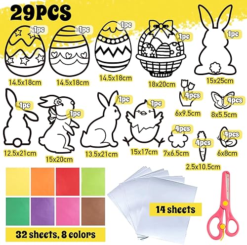 Kit de Décoration de Pâques 29pcs Autocollants Fenêtre Pochoirs Papillon Fleur Poussin Lapin Œufs Gommette Stickers et 32Feuilles Papiers Colorés DIY Décoration pour Enfant Pâques Fête Jardin Party - Nail Gallerys