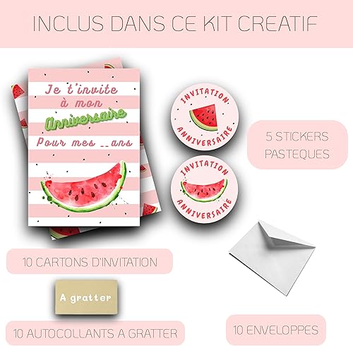 RXLITE Kit ideal créatif surprise premium de 10 Cartes d'invitation anniversaire à gratter thème pastèque tropical : 10 Cartons, 10 enveloppes blanches, 10 stickers et 10 autocollants dorés magiques - Nail Gallerys