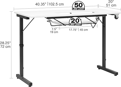 Sewing Online Table de Couture Pliante, Plateau Blanc avec Pieds Noirs - Table pour Machine à Coudre avec Plate-Forme réglable. Pieds pliants pour Un Rangement et Un Transport faciles, roulettes - Nail Gallerys
