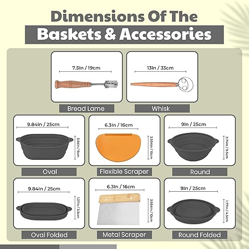 Paniers à pain Banneton en silicone, paniers de cuisson ronds et pliables de 23 cm et 25 cm, fouet à pâte, grattoir en acier, grattoir en silicone, kit de démarrage au levain (Gris) - Nail Gallerys