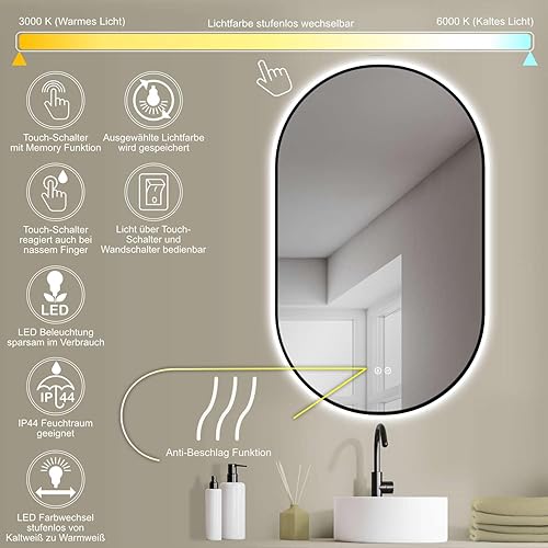 HOKO® Design LED Miroir Anti-buée Ovale 60x100/100x60cm+Cadre en métal Noir. Montage Vertical/Horizontal. XL Miroir de Salle de Bain+interrupteurs tactiles+LED réglable Chaude/Froid/Neutre 2700-6500k - Nail Gallerys