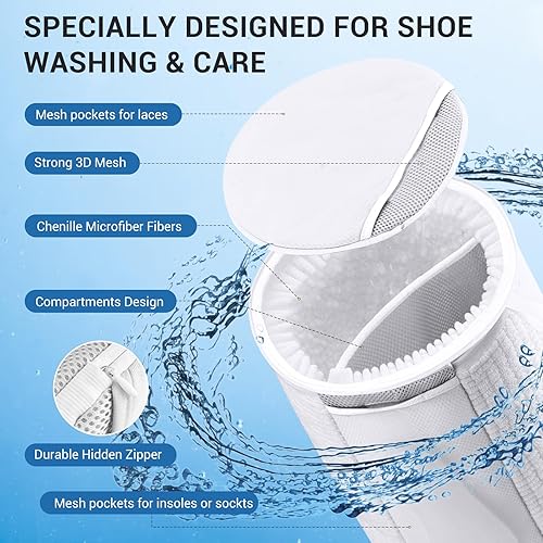Teletrogy 2 En 1 Sac Lavage Chaussures Machine à Laver, Réutilisable Housse Nettoyage Chaussure avec Pochette en Filet Grande Capacité Sacs à Linge pour Baskets avec Fermeture Éclair Cachée, 24x35cm - Nail Gallerys