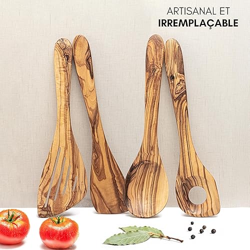 Erreke Ustensiles de Cuisine Bois, Bois d’Olivier Naturel, Cuillere en Bois, Spatule Bois, Fait Main, Set de Cuillères & Spatules en Bois Résistantes à la Chaleur & Durables, Lot de 4 Pièces - Nail Gallerys