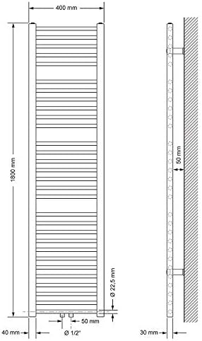 ECD Germany Sèche-Serviettes Sahara Non Électrique - 400 x 1800 mm - Chrome - Connexion Central - sans Kit de Raccordement - Forme Droit - avec Kit Montage Mural - Radiateur pour Salle de Bain - Nail Gallerys