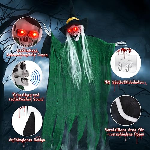 FORMIZON 2 Pièces Halloween Suspendu Fantôme, Halloween Décoration Ghost, Halloween Decoration Exterieur Squelette, Décoration à Suspendre Horreur avec Yeux LED et Son Effrayant pour Jardin - Nail Gallerys