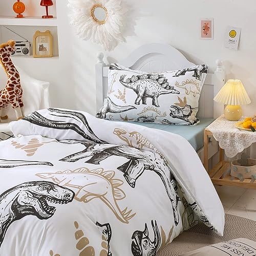 Mateju Parure de Lit pour Enfant Dinosaure Housse de Couette 140x200 cm et Taie d'oreiller 65x65 cm, Ensemble de Literie 1 Personne Garçon Fille en Microfibre (Empreinte de Dinosaure,140x200cm) - Nail Gallerys