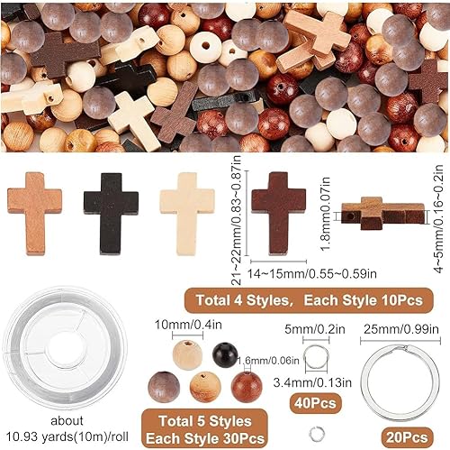 SUNNYCLUE 250 Pcs Bois Croix Charmes Perles Rondes en Bois Perle en Bois Inachevée 10mm Perles Porte-Clés Kit de Fabrication Mini Croix Charme Split Porte-Clés Anneaux de Saut pour Porte-Clés Bracelet - Nail Gallerys