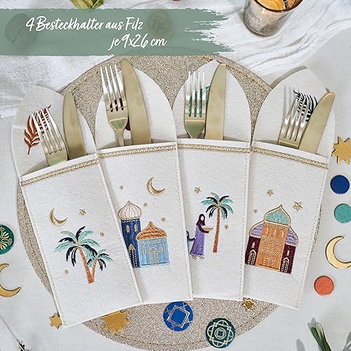 Papierdrachen 4 Porte-Couverts Ramadan en Feutre - Coloré avec Impression de Haute qualité - Eid Mubarak - décoration de Table Festive - Set 1 - Nail Gallerys