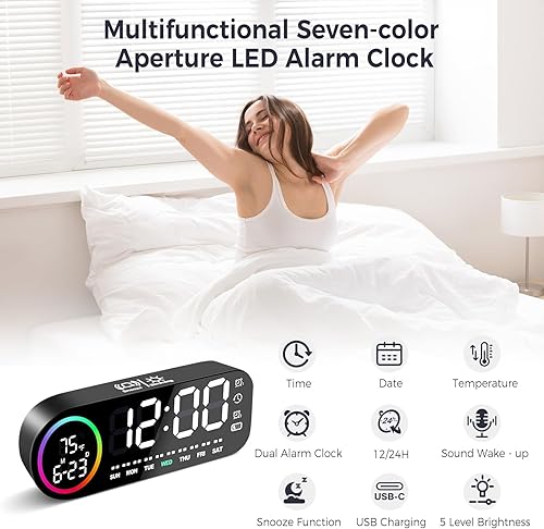 Vinabo Réveil Numérique avec Veilleuse 7 Couleurs, 4 Niveaux de Luminosité, Grand Affichage de la Température LED, ContrôLe Vocal, 12/24h, Port USB, Snooze, MéMoire De Mise Hors Tension (Noir) - Nail Gallerys