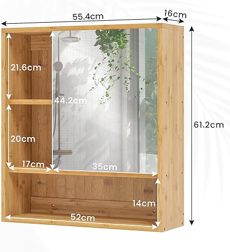 VIAGDO Armoire de Salle de Bain avec Porte Miroir et Étagère Réglable, Meuble Toilette Mural avec Espace de Rangement Ouvert et Fermé en Bambou - Nail Gallerys