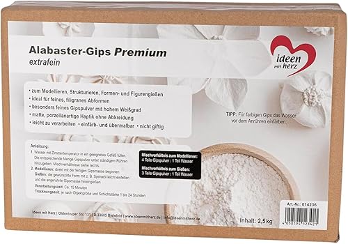 Ideen mit Herz Plâtre d'albâtre de qualité supérieure - Poudre de plâtre extra fine - Plâtre de modelage pour moulage - Idéal pour le bricolage et le modelage - 2500 g - Nail Gallerys