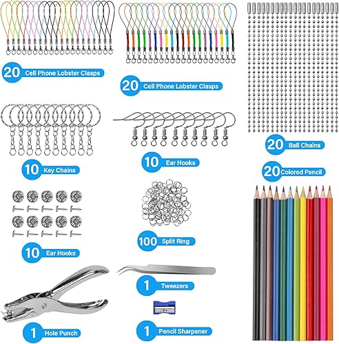 HUMTEOXI Lot de 225 films thermorétractables pour enfants - Avec 20 films rétractables, accessoires pour trousseau de clés, crayons de couleur, perforatrices, décorations artisanales - Nail Gallerys