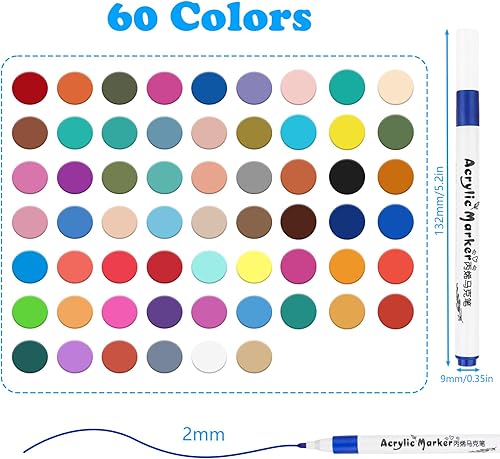 60 Couleurs Feutre Acrylique Feutres Acrylique Acrylic Paint Marker Stylos de Marqueur Peinture Acrylique Marqueur Acrylique Marker Pointe Fine Pinceau pour Plastique Bois Verre Ceramique Galet - Nail Gallerys