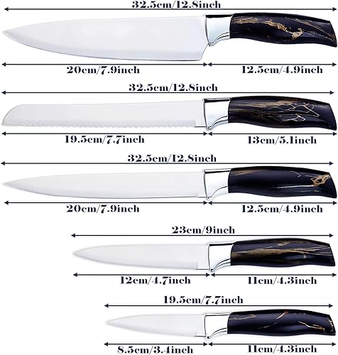 PionStar Set de Couteaux Cuisine 8 Pièces avec Planche à Découper (Couteaux en Acier Inoxydable - Chef/Pain/Viande/Universel/Fruits + Ciseaux/Eplucheur) | Grande Planche Antidérapante et Kit Durable - Nail Gallerys